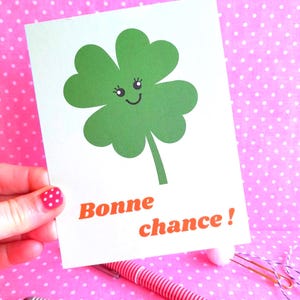 Carte Bonne Chance , jolie carte trèfle à quatre feuilles , carte postale pour souhaiter bonne chance .