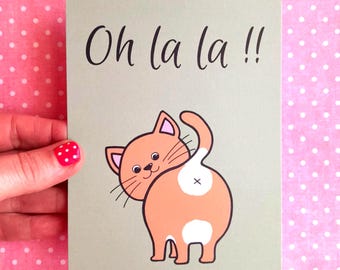 Carte " Oh la la !!" , chat roux qui montre son popotin , carte postale chat mignon .