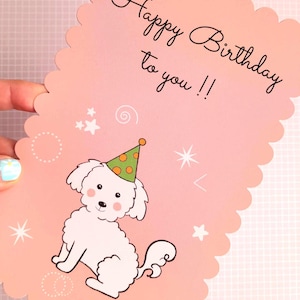 Carte d'anniversaire festonnée chien mignon , carte d'anniversaire pour amoureux des chiens ou pour enfant . Carte Bichon Frisé .