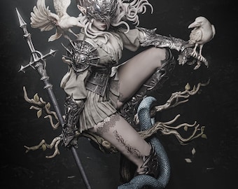 May include: A detailed fantasy sculpture of a warrior woman with a silver helmet and armor, holding a spear and a bird. A blue snake wraps around the base. The figure is posed dynamically, with intricate details and a dark, dramatic background.