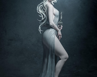 May include: A digital art image of a woman with long, flowing white hair, wearing a flowing, light gray dress. She holds a decorative sword. The background is a dark, misty blue.