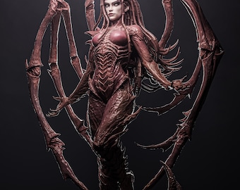 May include: A detailed sculpture of a humanoid figure with a reddish-brown exoskeleton and long, flowing hair. The figure has large, wing-like appendages extending from the back. The overall design suggests a science fiction or fantasy theme.