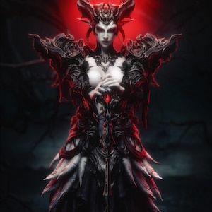 Könnte beinhalten: Digitale Illustration eines Fantasy-Charakters mit blasser Haut, der eine aufwendige schwarze Rüstung mit roten Akzenten und großen Hörnern trägt. Der Charakter hat einen ernsten Gesichtsausdruck, vor einem dunklen, verschwommenen Hintergrund mit rotem Schein.