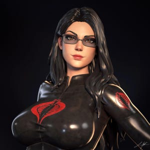 Könnte beinhalten: Digitales Rendering einer Frau mit langen schwarzen Haaren, die eine Brille und einen schwarzen Overall trägt. Der Overall hat ein rotes Kobra-Emblem auf Brust und Arm. Der Hintergrund ist dunkel.