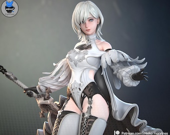 May include: A detailed figurine of a character with short white hair, wearing a white and black outfit with intricate designs. The figure is holding a silver weapon and has a serious expression. The figurine is from Neko Figurines.