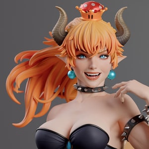 Może przedstawiać: Szczegółowa figurka postaci z pomarańczowymi włosami, niebieskimi oczami i koroną w kształcie grzyba. Postać nosi czarny top bez ramiączek, obrożę z kolcami i bransoletkę z kolcami. Figurka ma uśmiechniętą minę.