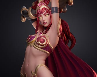 May include: A detailed figurine of a fantasy character with red hair and a burgundy outfit. The character is posed with arms raised, wearing a cape, and adorned with gold accents. The figure has a determined expression and is set against a dark background.