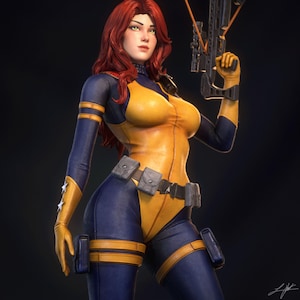 Könnte beinhalten: Eine 3D-gerenderte Figur einer Frau mit roten Haaren, die einen gelb-blauen Body mit einem Werkzeuggürtel und Handschuhen trägt. Sie hält eine Armbrust. Die Figur hat einen entschlossenen Ausdruck und ist vor einem dunklen Hintergrund platziert.