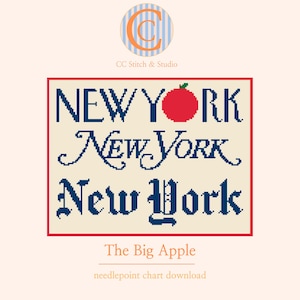May include: A needlepoint chart download with the words "NEW YORK" in three fonts, and a red apple graphic. The phrase "The Big Apple" is below the text, with the logo "CC Stitch & Studio" at the top.