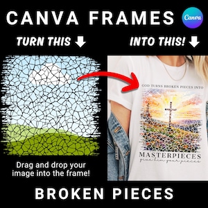 May include: A white t-shirt with a colorful mosaic design featuring a cross and the text "God turns broken pieces into masterpieces give him your pieces".