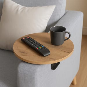 Round Wooden Sofa Arm Tray Table – Clip-On Couch Armrest Drink Holder & Remote Organizer for Living Room Comfort
