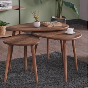 Handmade Mid-Century Modern Nesting Coffee Tables | Set of 3 Round Wooden Side Tables | Handmade Living Room Accent Furniture