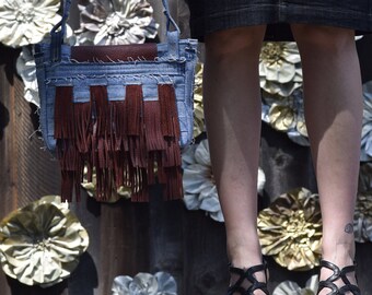 Red Leather - Denim Purse - Fringe