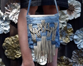 Denim Purse - Beige Leather Fringe - Small Bag