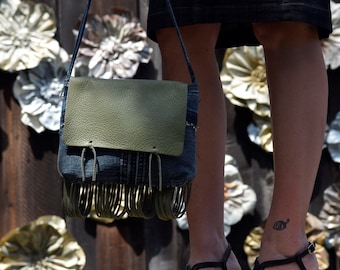 Leather Fringe - DENIM - Green Purse