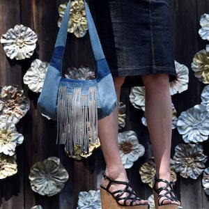 Denim Purse - Grey Leather Fringe - Hobo Bag