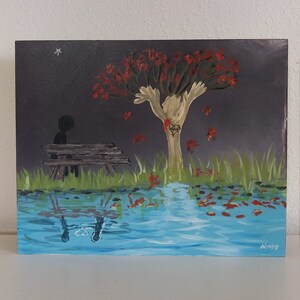 May include: A painting of a tree with red leaves, a bench with a person sitting on it, and a reflection of the scene in a body of water. The tree trunk has a heart carved into it.