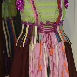 May include: A pink and burgundy dress with a green striped bodice and a skirt made of colorful zippers. The dress has a purple ruffle trim and a lace-up back.