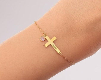 Cross Name Bracelet with Birthstone,Dainty Gold Cross Bracelet,Tiny Cross Bracelet,Cross with Name Bracelet,Custom Cross Birthstone Bracelet