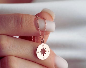 Tiny Compass Necklace, Gold North Star Pendant, Personalized Coordinate Gift, Sterling Silver Travel Jewelry, Gift for Her, Nautical Charm