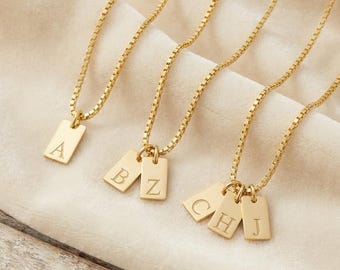 Custom Initial Tag Necklace, Sterling Silver Letter Pendant, Multiple Initials, Box Chain Necklace, Personalized Mom Gift, Engraved Necklace