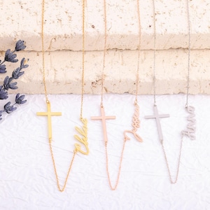 Sideways Cross Necklace, Gold Name Necklace with Cross, Silver Cross Name Necklace, Personalized Cross Necklace with Name Sideways