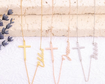 Sideways Cross Necklace, Gold Name Necklace with Cross, Silver Cross Name Necklace, Personalized Cross Necklace with Name Sideways