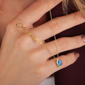 Custom Name Necklace with Birthstone,Personalized Name and Birthstone Necklace,Teardrop Birthstone Name Necklace,Emerald Birthstone Necklace
