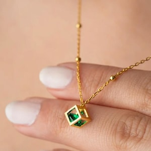 Birthstone Box Pendant, Personalized Cube Necklace, Silver Ball Chain Choker, Minimalist Cubic Gemstone, Custom Birthday Gift for Wife