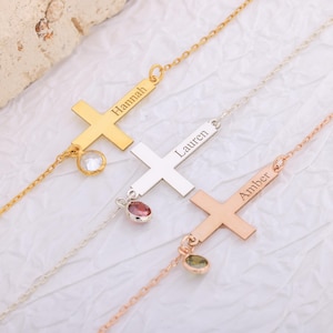 Tiny Gold Name Cross Bracelet with Birthstone, Cross with Name Bracelet, Custom Cross Birthstone Bracelet for Women, First Communion Gifts