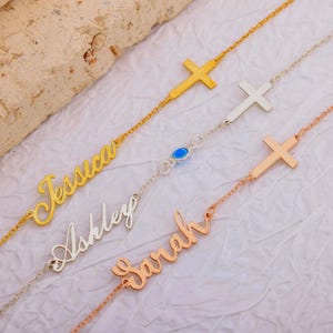 Cross Bracelet with Birthstone Tiny Gold Name Bracelet Dainty Cross Charm Bracelet Women Silver Cross Bracelet with Name Birthstone Bracelet