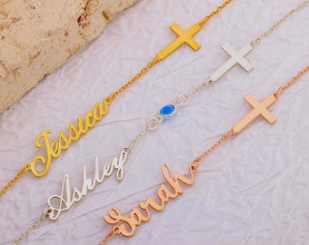 Cross Bracelet with Birthstone Tiny Gold Name Bracelet Dainty Cross Charm Bracelet Women Silver Cross Bracelet with Name Birthstone Bracelet