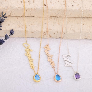 Custom Name Necklace with Birthstone,Personalized Name and Birthstone Necklace,Teardrop Birthstone Name Necklace,Emerald Birthstone Necklace