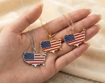 America 250 Necklace, USA Map Pendant, 14K Gold American Flag Charm, United States Semiquincentennial Jewelry, July 4th Gift 2026