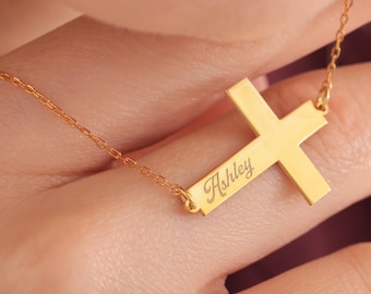 Cross name necklace, Personalized Cross Necklace with Name, First Communion Necklace, Girls Baptism Necklace, Gold Name Cross Necklace