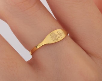 Personalisierter Geburtsmonat Blumenring, benutzerdefinierter Geburtsblumenring, zierlicher gravierter Blumenring mit Geburtsblume, Gold-Geburtsblumenring für Mama