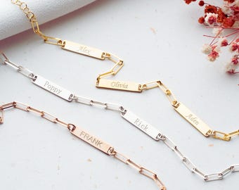 Pulsera de barra personalizada, pulsera con nombre personalizado, pulsera con nombre grabado, pulsera con varios nombres, pulsera con clip, pulsera de barra familiar