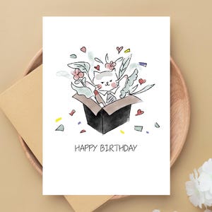 Jolie carte d'anniversaire de chat, carte de voeux drôle de chat, art de chat d'aquarelle, chat dans une carte de boîte, cadeau d'amant de chat, carte d'anniversaire de chat dessinée à la main