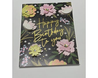 Handgemachte 3D Blumen alles Gute zum Geburtstagkarte Goldfolie Strass botanischen Blank