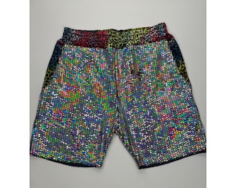 Herren Holographische Regenbogen Pailletten Festival Shorts Leopardenmuster Bund L