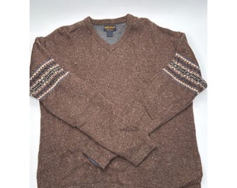 Woolrich Heren XL bruine wollen trui met V-hals Fair Isle mouw sepia vintage