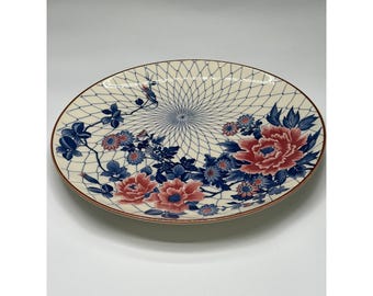 Großer 15-Zoll-Keramik-Platzteller-Platte-Blau, Rosa, Pfingstrose, Blumenmuster, japanischer Stil