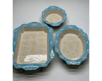 Temp Tations Floral Lace Ceramic Bakeware Set 3 Pc Turquoise Serving Dishes