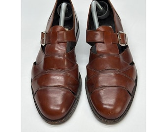 Sandalias de pescador de cuero Bragano vintage para hombre, talla 9, hebilla de correa de monje, marrón