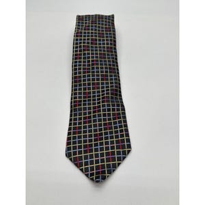 Paul Malone Mens Silk Necktie Black Multicolor Woven Geometric Grid Pattern