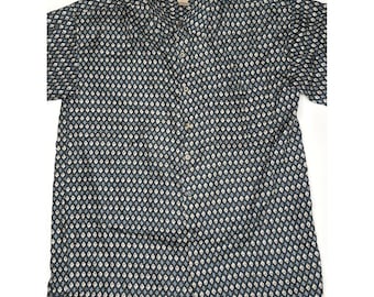 Penta Club Herren 100% Seide Kurzarm Button-Down-Shirt Navy Diamond Print M