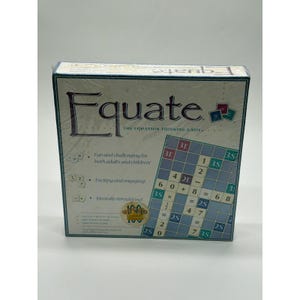 May include: A boxed board game called "Equate: The Equation Thinking Game." The box is white and teal, with the game's name in large letters. The game board shows a grid with numbers and mathematical symbols. Text on the box promotes the game as fun and engaging.