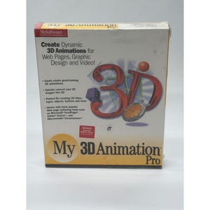 Puede incluir: Un producto de software en caja, "My 3D Animation Pro", presenta un gráfico 3D rojo y naranja en la parte delantera. La caja anuncia la creación de animaciones 3D para páginas web, diseño gráfico y vídeo. La caja es blanca y amarilla.