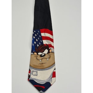 Vintage 1997 Looney Tunes Taz American Flag Necktie Tasmanian Devil Black Red