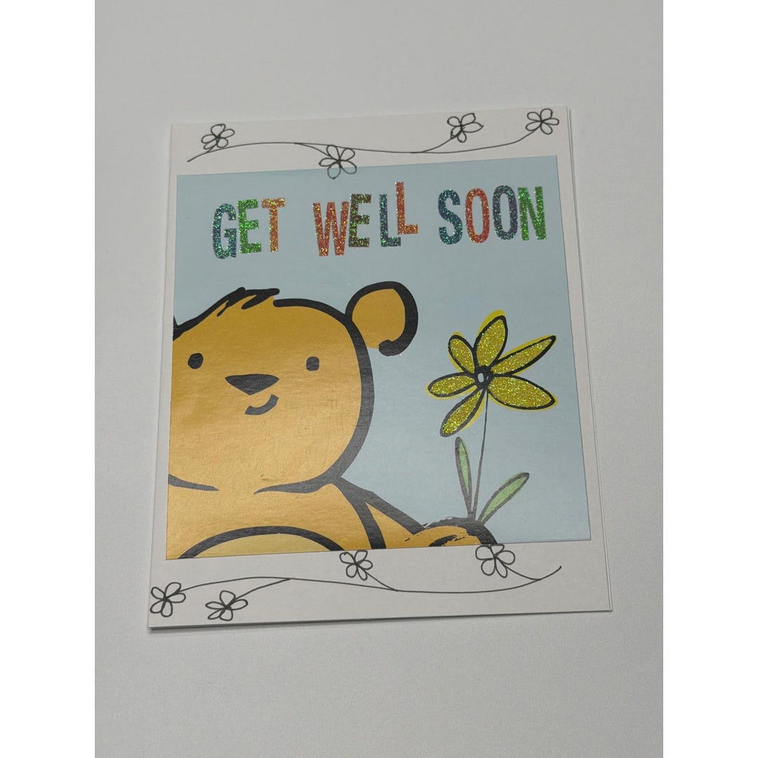 Get Well Soon Greeting Card Cute Bear With Flower Glitter Accents Blank ...